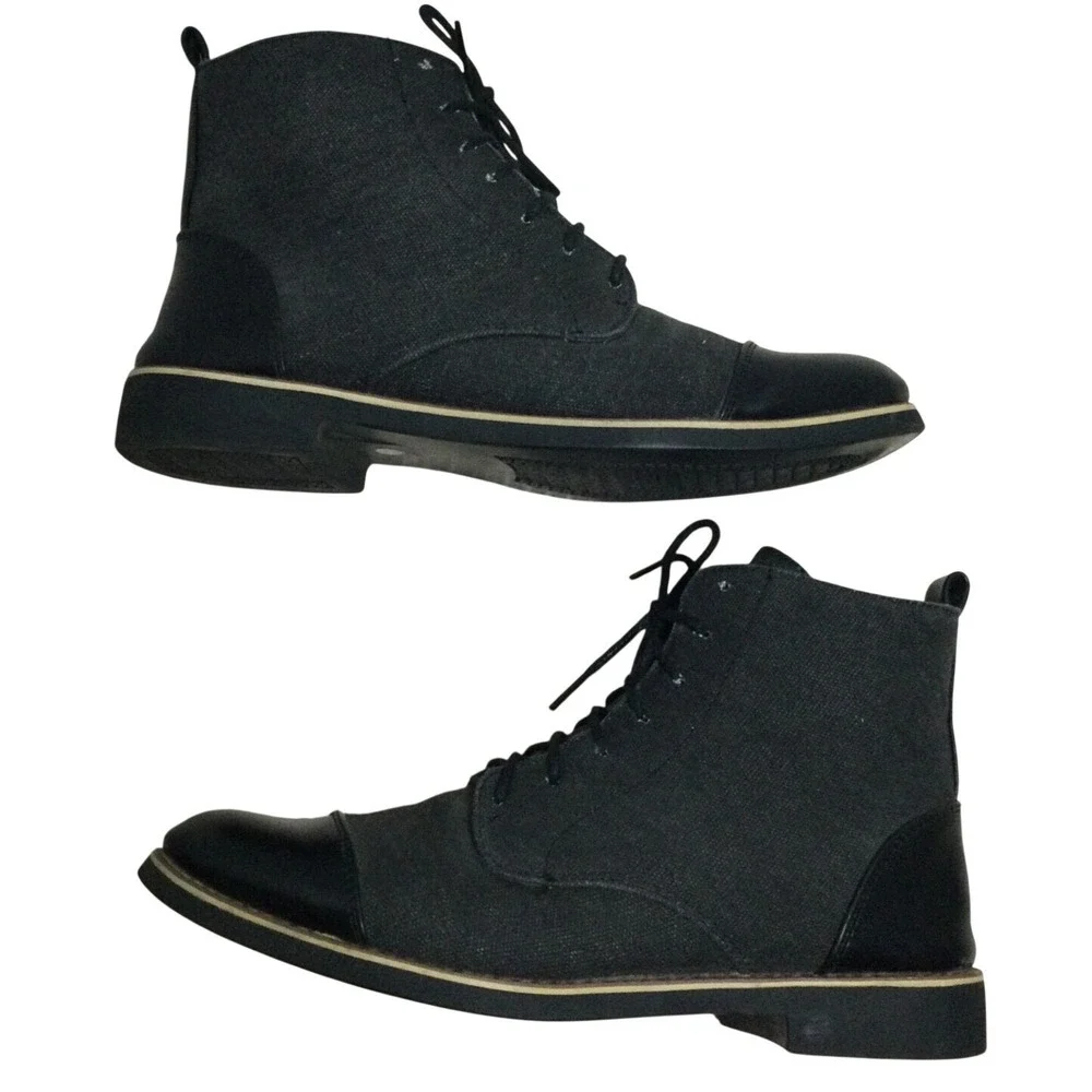 Mens Black Canvas Leather Cap Toe‎ Lace Up Ankle Boots Size 43